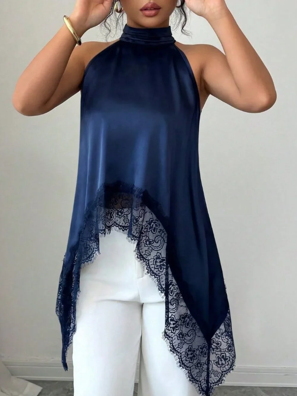 Blue Casual Women's Lace Patchwork Halter Shirt